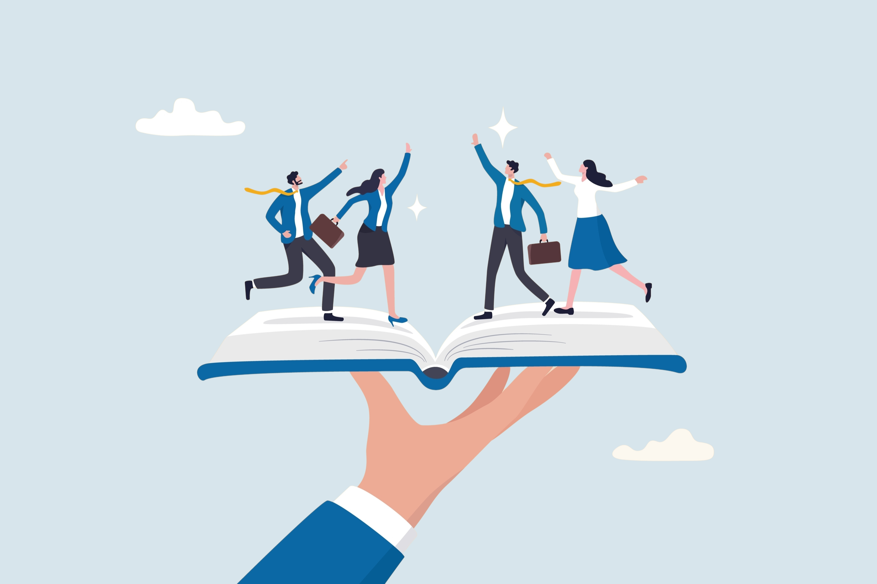Illustrated Employees Reaching to the Sky